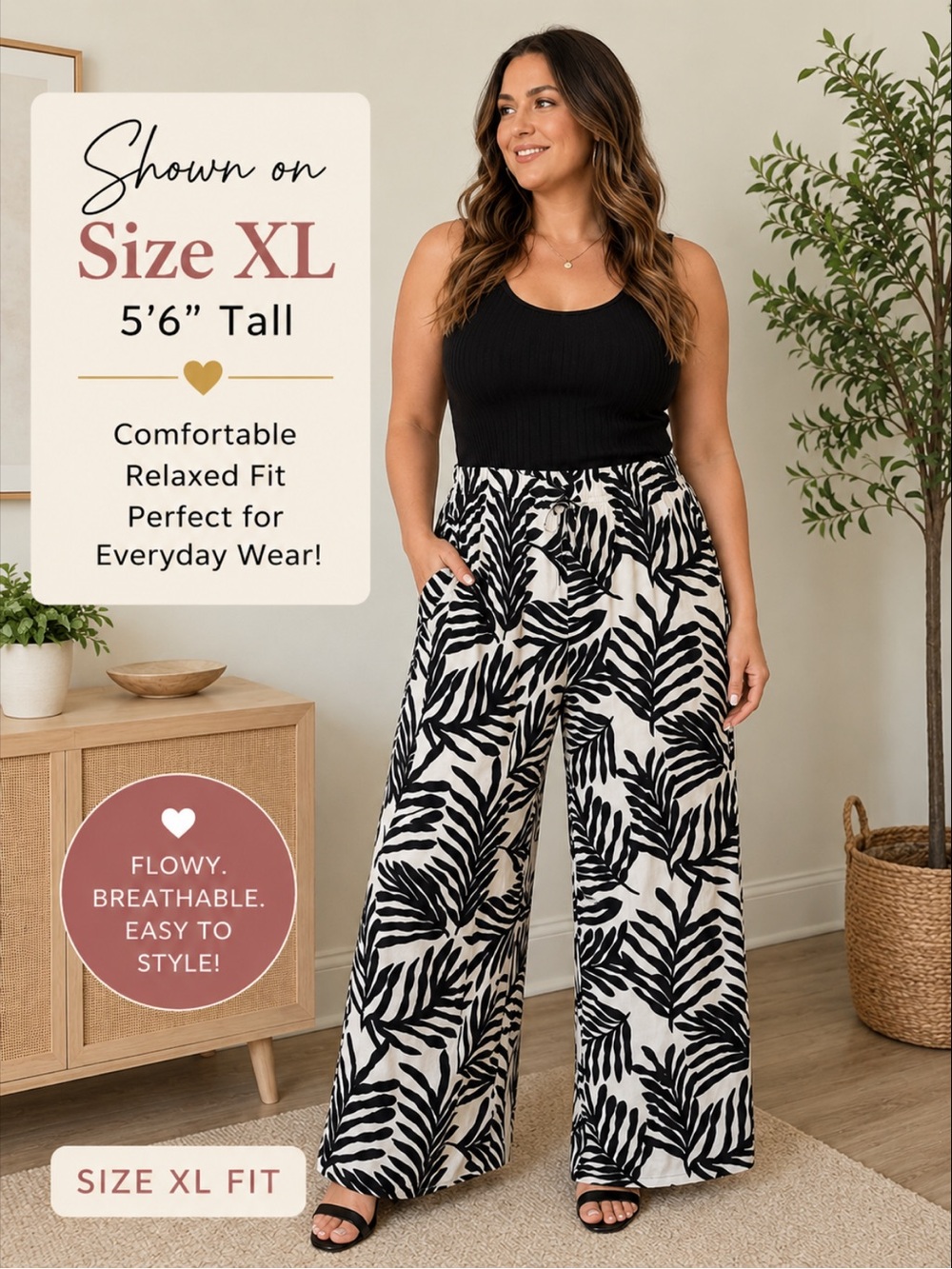 H & M Black & ivory Tropical Leaf Pants US XL